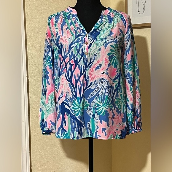 LILLY PULITZER WOMENS XXS MULTICOLORED FLORAL LONG SLEEVE XXS  SILK ELSA BLOUSE - Picture 1 of 3